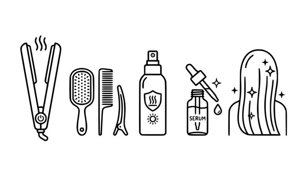 Hair Straightener Icons Set &ndash; Editable Stroke Hair Care, Beauty Salon & Hairstyling Outline Vector Collection