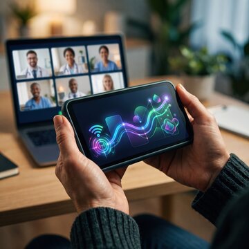 Close up of hands holding tablet with glowing neon wave data display, with group video call of diverse medical team visible on laptop screen in background, representing telehealth concept.
