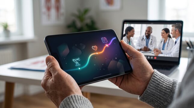 Close up of hands holding tablet with glowing neon wave data display, with group video call of diverse medical team visible on laptop screen in background, representing telehealth concept.