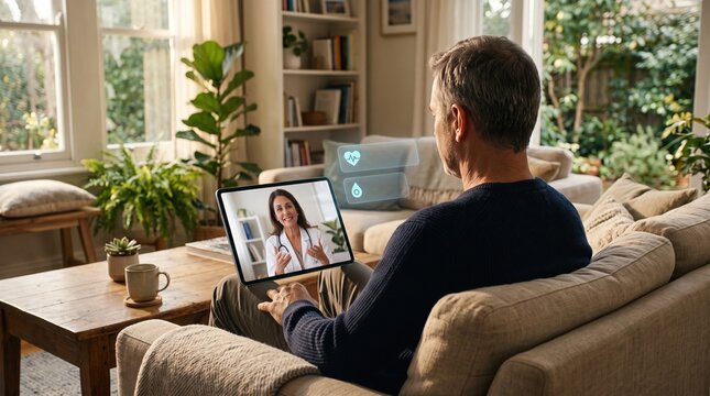 Mature man sitting on home sofa having telehealth video consultation with smiling female doctor on tablet, with floating digital health monitoring icons showing heart rate and lung data.