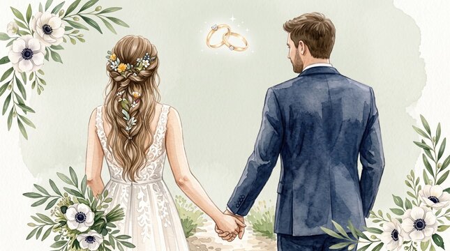 Romantic watercolor illustration of bride and groom walking hand in hand along garden path with bouquet, gold wedding rings floating above amid blooming floral border and hills.