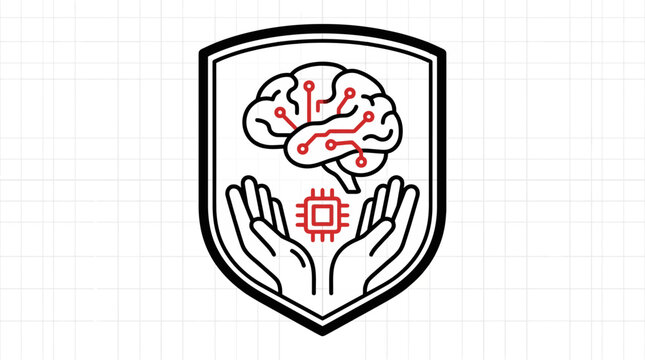 AI Brain Technology Shield Logo with Hands and Microchip - Artificial Intelligence Concept