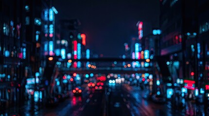 Obraz premium Abstract bokeh background of a blurry city street at night with neon lights.