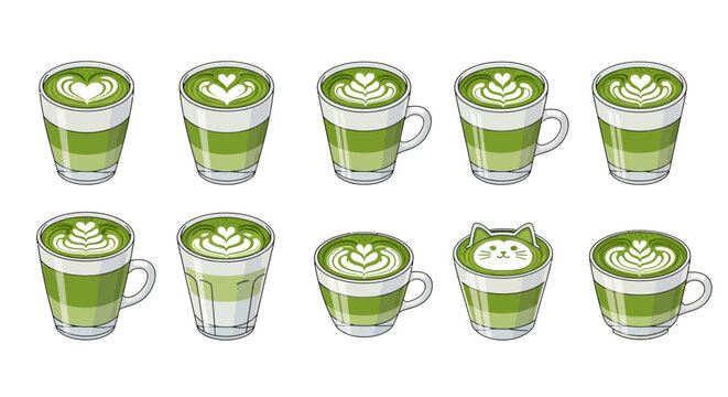 Collection of matcha lattes with latte art and a cat design