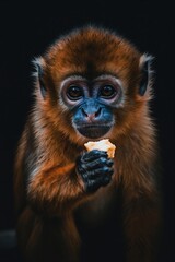 Fototapeta premium Young orange monkey with blue face eats food. Small primate with dark fur sits holding snack, looking with big eyes. Cute animal portrait, dark background.