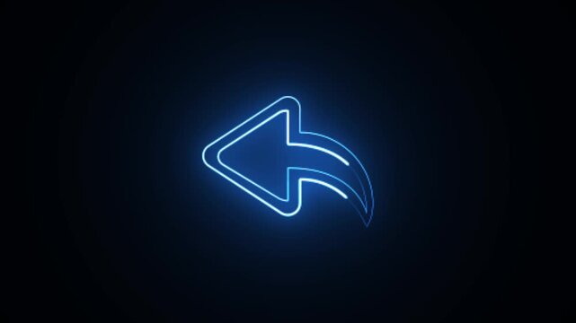 Neon rewind arrow icon animation, glowing blue line motion graphic, back button symbol on dark background, seamless loop footage