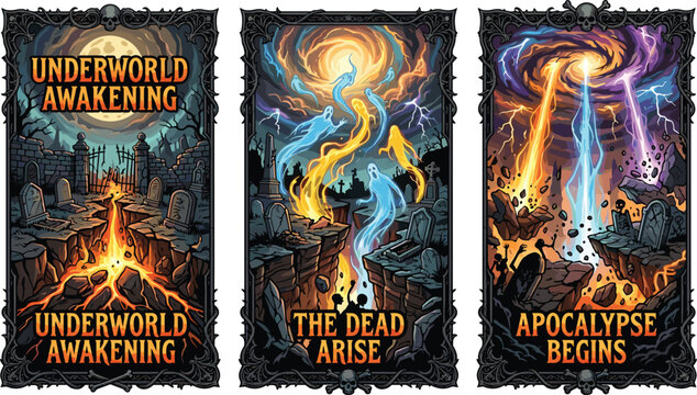 Underworld awakening gothic card set featuring spooky graveyards rising phantoms glowing energy portals cosmic lightning and apocalyptic fantasy horror illustrations