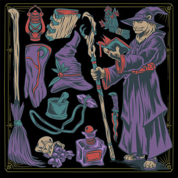 Fantasy RPG wizard class assets and magical items collection