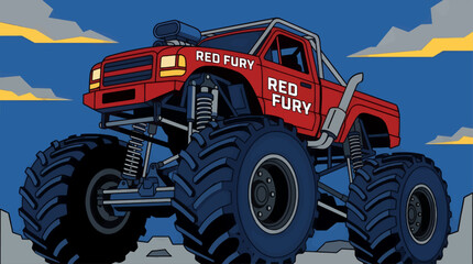 Red Monster Truck with "Red Fury" Text, Flat Vector Illustration with Large Tires and Exhaust Pipe, Against a Blue Sky with Stylized Clouds © mohammad