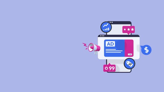 Animated concept of ad campaign, digital marketing strategy, and brand promotion with copy space for text, suitable for business, online advertising communication and explainer videos.