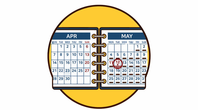 Flat Vector Illustration of an Open Calendar Showing April and May Pages, with a Red Circle Highlighting the 12th of May as an Event, Spiral Binding and Yellow Background