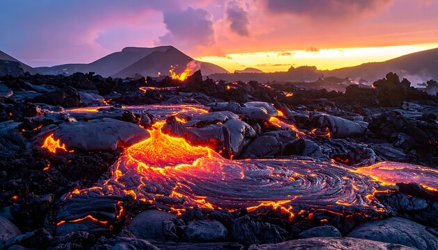 Molten lava flows across dark, rocky landscape