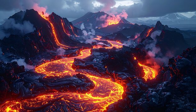 Molten lava flows through rugged, volcanic terrain