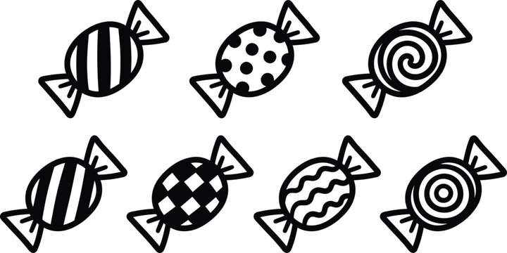 Set of simple black and white candy icons with different patterns