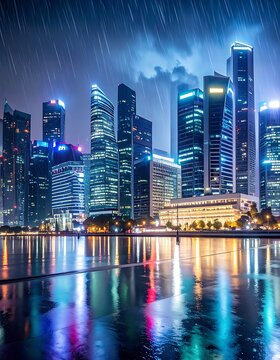 Rainy city skyline at night with reflections (1)