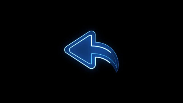 Neon undo button animation on black background, dynamic graphic showing action of going back or returning to previous state, glowing electric blue icon with sleek modern design