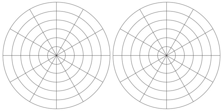 Coaching tool. Polar grid of 10 segments and 5 concentric circles. Circle diagram of lifestyle balance. Wheel of life template. Vector blank polar graph paper. Blank.