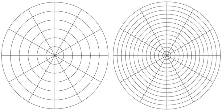 Coaching tool. Polar grid of 10 segments and 5 concentric circles. Circle diagram of lifestyle balance. Wheel of life template. Vector blank polar graph paper. Blank.