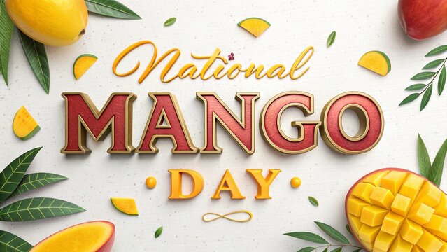 National Mango Day text design surrounded by fresh juicy tropical mango fruit slices.
