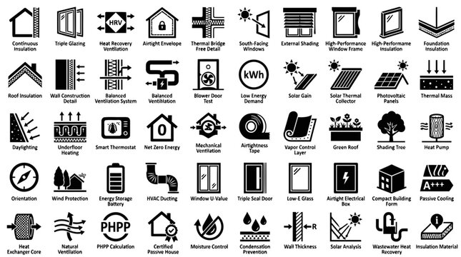 Comprehensive collection of technical building performance and energy efficiency symbols.