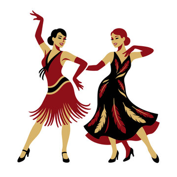 Two elegant vintage flapper women dancing in retro dresses