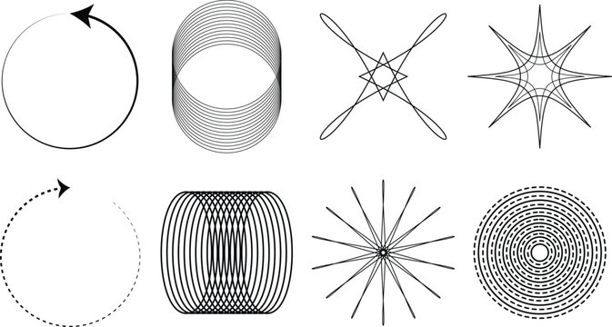 Minimalist geometric line art set, 8 abstract circular vector shapes, black and white spirograph patterns for modern graphic design and branding
