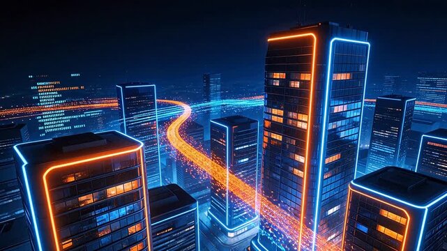 Futuristic cityscape with glowing buildings