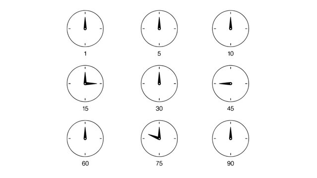 Timer Icons Arranged in a 3x3 Grid with Circular Design and Minute Marks for Countdown Concept Featuring Clock, Seconds, Schedule