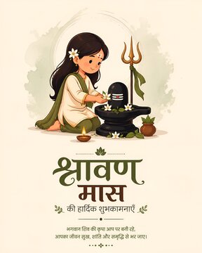 Illustration of a girl offering prayers to shiva linga during the holy month