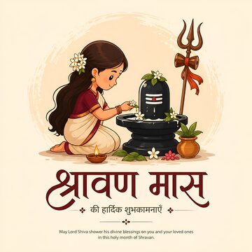 Cartoon indian girl performing shiva linga worship for shravan maas with festival
