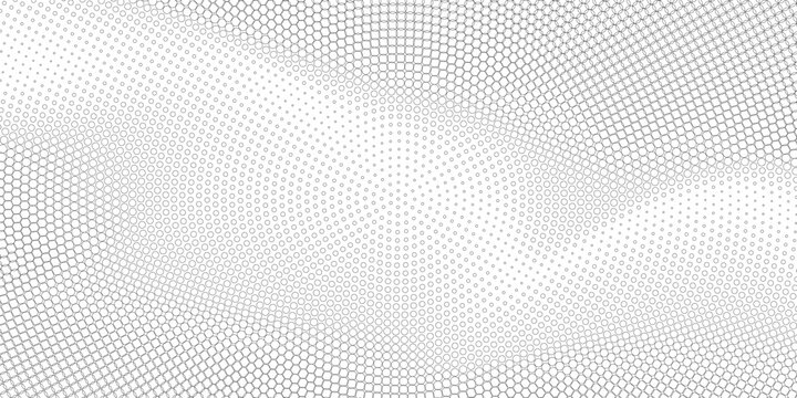 Black hexagon gradient texture. Fading honeycomb pattern background. Geometric hexagonal halftone tech overlay backdrop. Abstract grunge halfton wallpaper. Vector retro technology dot texure
