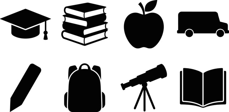 Education silhouette icons set with graduation cap, books, apple, school van, backpack, pencil, telescope, and open book