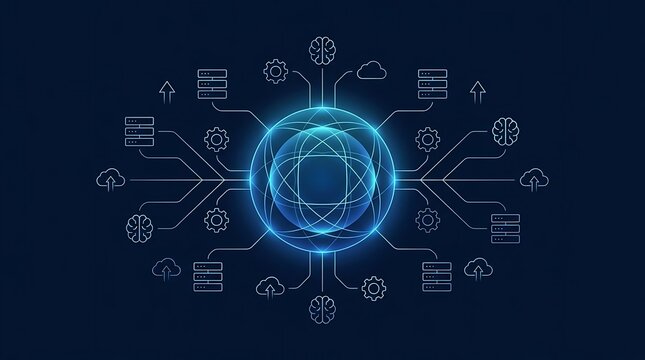 Abstract digital data network and cloud computing infrastructure with central hub on dark blue background