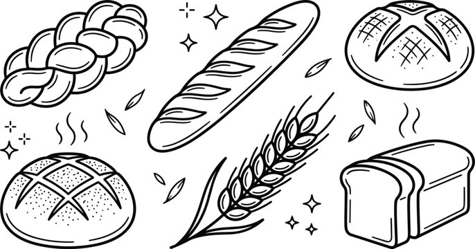 Bakery bread vector icon set with baguette loaf wheat challah bun line art graphic design elements