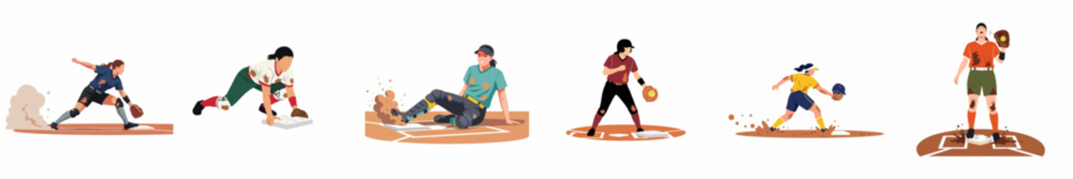 Collection of diverse female softball players in dynamic action poses, mud-splattered and dirty, during a competitive game on a dirt field.