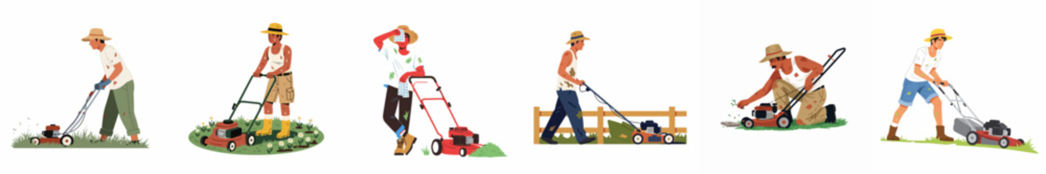 A collection of illustrations showing men in straw hats mowing lawns with push mowers in various poses and garden settings on white background.