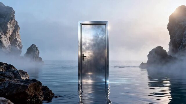 Metal door in water with rocks