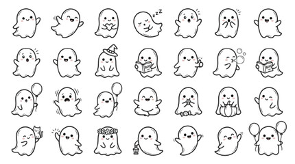 Fototapeta premium Baby ghost icon set, 25 adorable little ghost poses, clean outline vector, white background.