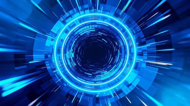 Blue neon tunnel with geometric patterns