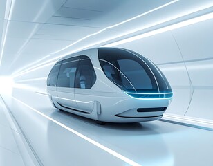 Fototapeta premium Sleek, futuristic pod vehicle in a brightly lit tunnel