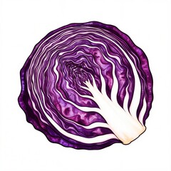 Fototapeta premium Cut open red cabbage detailed illustration shows layers of purple leaves and white core. Healthy vegetarian food ingredient isolated on white studio background. Nutrition and diet art.