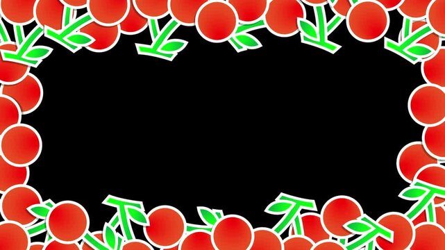 White snowflake icon centered on a black background framed by a pattern of red cherry illustrations