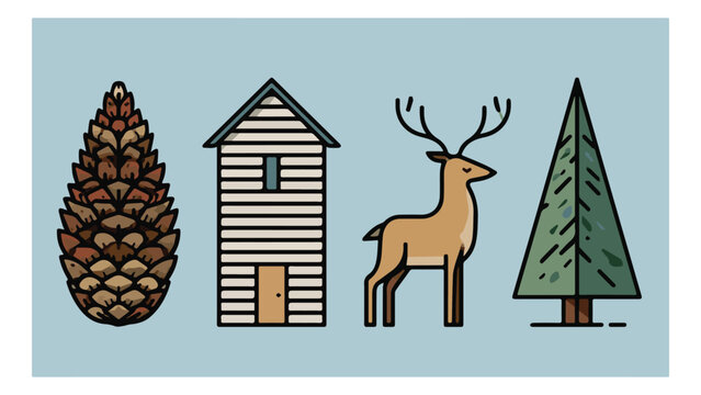 Illustration of pine cone wooden house deer and pine tree in nature scene for outdoor and wildlife themes