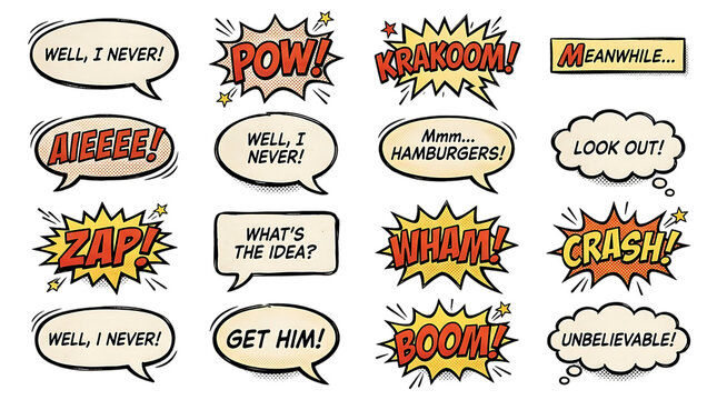 Collection of comic book style speech bubbles and action words on transparent background