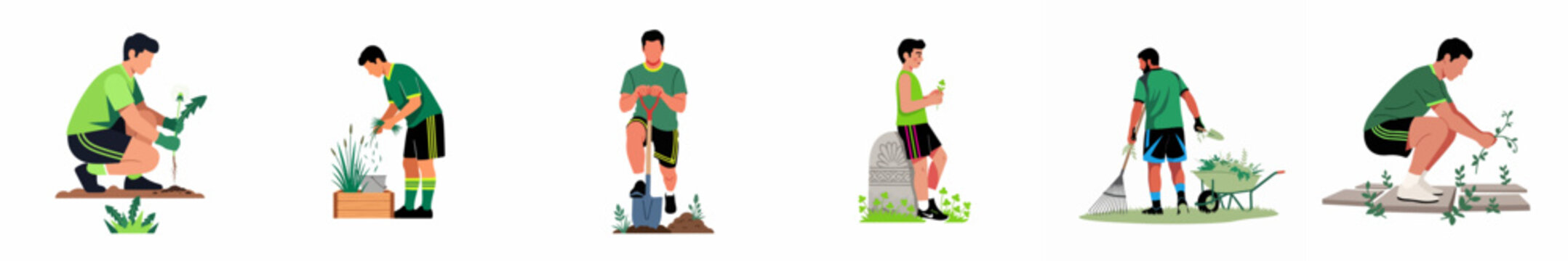 Set of flat illustrations showing men performing various gardening, weeding, and maintenance tasks in gardens and cemeteries.