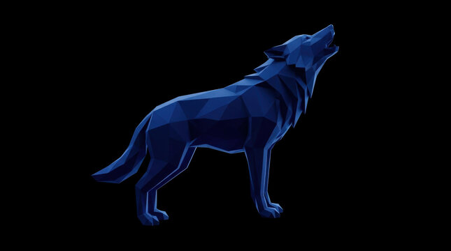Howling Low Poly Blue Wolf Sculpture Geometric Style Isolated On Solid Black Studio Background Asset