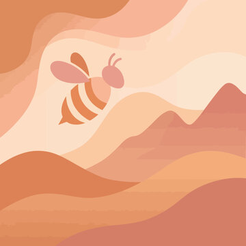 Minimalist abstract illustration of a bee flying over hills