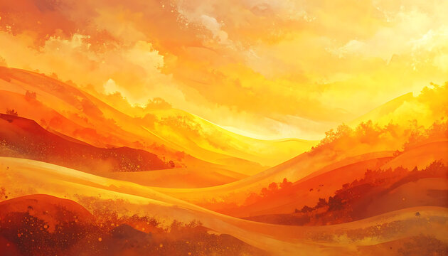 warm landscape with rolling hills and glowing sky at sunset, fiery orange and yellow hues, pixel art style, impressionistic, atmospheric