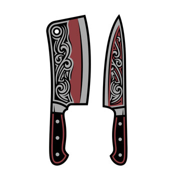 Two ornate kitchen knives with red and grey tribal patterns