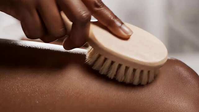 Close-Up Professional Dry Brushing Massage Technique On A Person's Back Focusing On Skin Exfoliation And Wellness Benefits